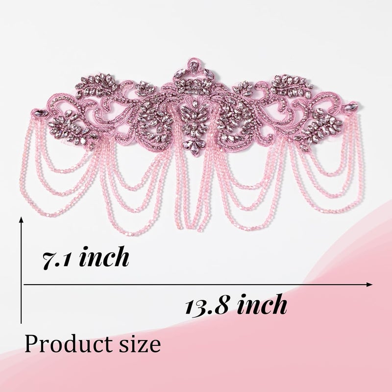 amusediy Pink Beaded Rhinestones Applique Embellishment for Clothes,Epaulettes Shoulder Patches Sew-on Diamond Sequin Applique for Wedding Dress DIY Accessories Belt Waist Decoration - Image 2